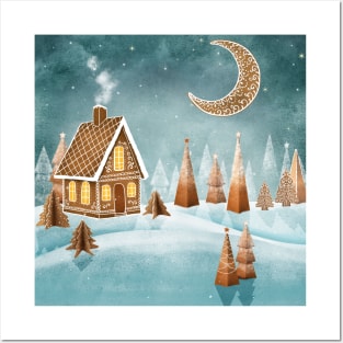 Gingerbread house moon and trees watercolor illustration. Fantasy candy world Christmas decorations. Snow hills. Magic winter forest Posters and Art